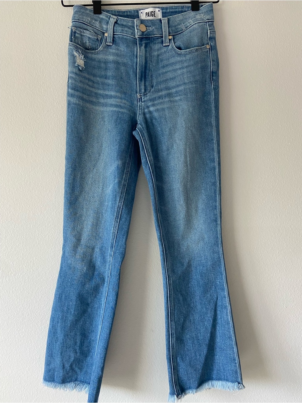 PAIGE Colette Crop Flare Jeans Distressed Raw Hem Blue Size 25